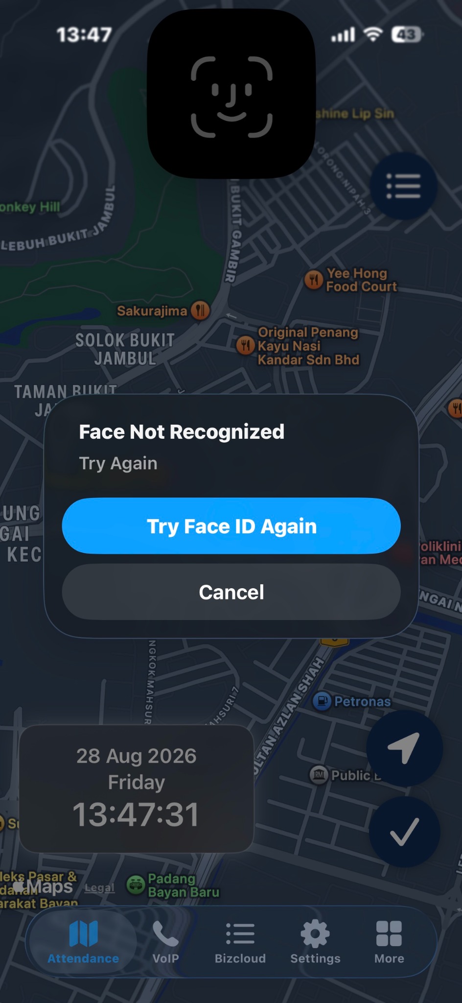 BizCloud App iOS facial biometric retry screen